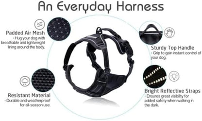 rabbitgoo Dog Harness No Pull with 2 Leash Clips, Adjustable Soft Padded, Reflective Oxford No Choke Pet Vest with Easy Control Handle for Large Dogs, Black, L