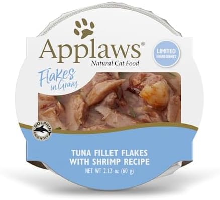 Applaws Natural Tuna Flakes with Shrimp in Gravy Wet Cat Food, 2.12 oz., Case of 18, 18 X 2.12 OZ