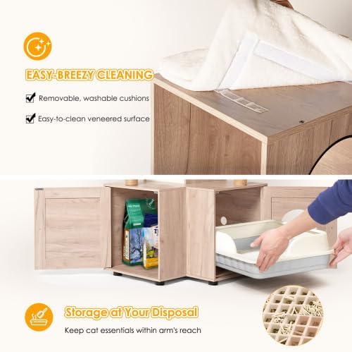 63" Multi-Functional Cat Tree with Litter Box - Includes Removable Washable Cushion, Scratching Posts & Toy Hanger, Modern Design, Rustic Gray