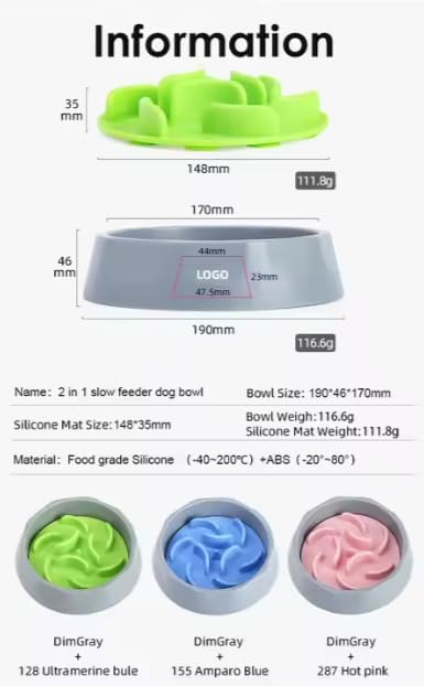 2 in 1 Slow Feed Dog Bowl with Anti-Choking Design, 7.5 Inch Pet Food Dish, Pink, Blue, Green (Pink)