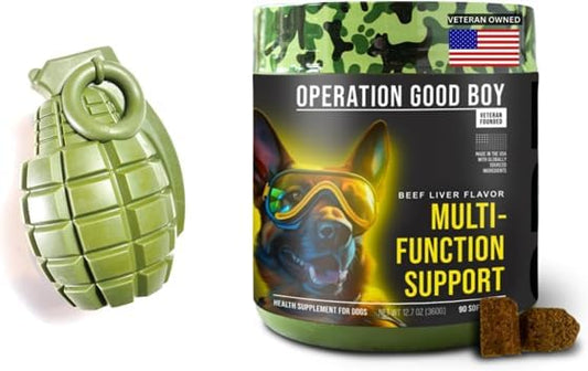 Operation Good Boy 10-in-1 Multivitamin for Dogs & Grenade Chew Toy Bundle – 90 Beef-Flavored Soft Chews with Glucosamine, Probiotics, Omegas, Enzymes & Vitamins – Natural Ingredients – Durable Treat-