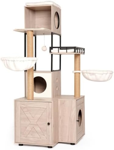 63" Multi-Functional Cat Tree with Litter Box - Includes Removable Washable Cushion, Scratching Posts & Toy Hanger, Modern Design, Rustic Gray