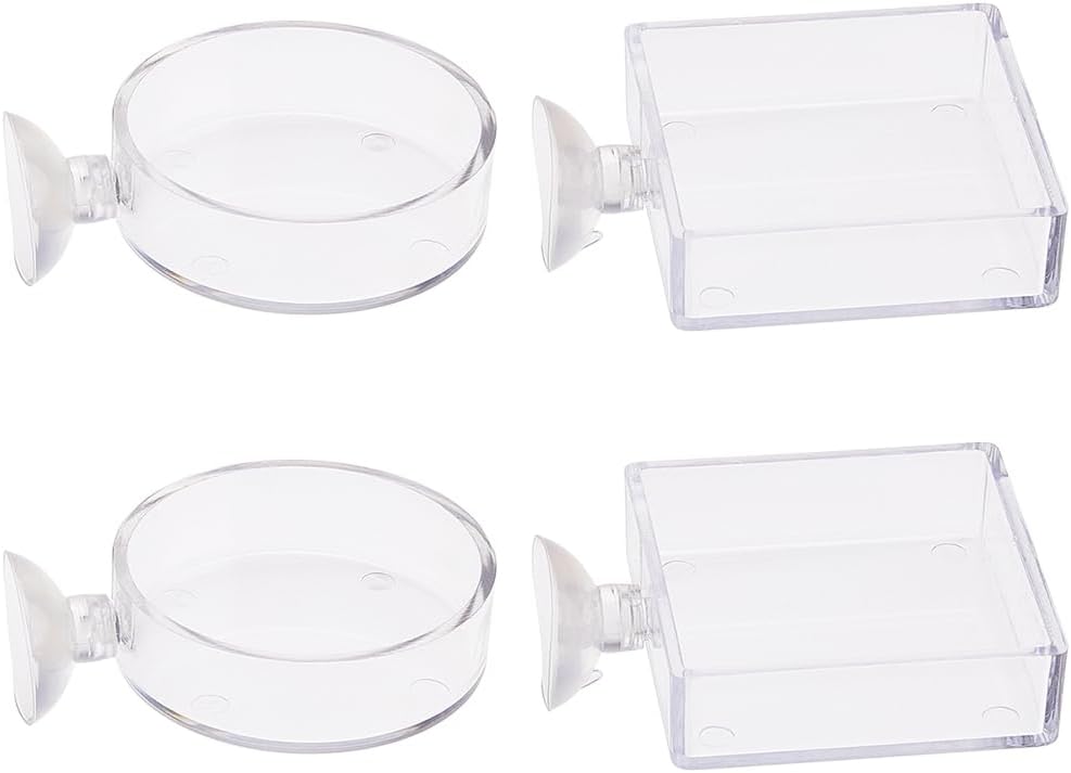 SUPERFINDINGS 4Pcs 2 Styles Fish Tank Feeder Dishes 7.3cm/2.9" Aquarium Shrimp Feeding Dish with Suction Cup Transparent Acrylic Fish Tank Feeding Bowls Shrimp Feeder Dish for Shrimps Fish Betta
