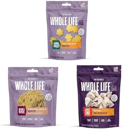 Whole Life Dog Gut Health Bundle – Living Treats with Pumpkin, Healthy Gut Daily Probiotic Supplement, Just One Chicken Freeze-Dried Dog Treats – Digestive Support, Human Grade, USA Made
