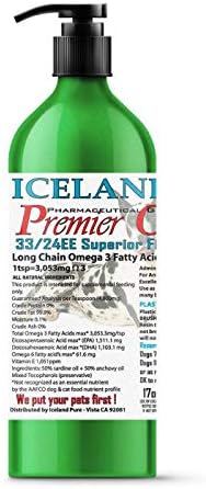 Premier Omega Fish Oil Supplement by Iceland Pure | Wild Caught | 3053mg of Omega-3 per teaspoon | For Large Dog Breeds | Ethyl Ester Distillation | Pump Bottle BPA Free Brushed Aluminum 17Oz