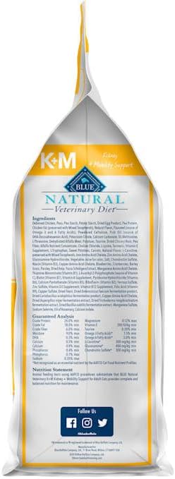 Blue Buffalo Natural Veterinary Diet K+M Kidney + Mobility Support Dry Cat Food, Chicken 7-Lb Bag