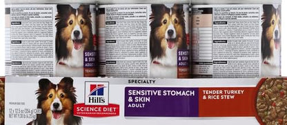 Hill's Science Diet Sensitive Stomach & Skin, Adult 1-6, Stomach & Skin Sensitivity support, Wet Dog Food, Turkey & Rice Stew, 12.5 oz Can, Case of 12