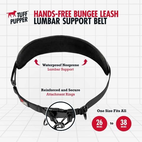 Tuff Pupper Heavy Duty Hands Free Dog Leash | One Large Dog Up to 125 lbs | Comfortable Shock Absorbing Bungee | Reflective Padded Handles | Lumbar Waist Belt 26-38" | Walking Jogging Running Leash