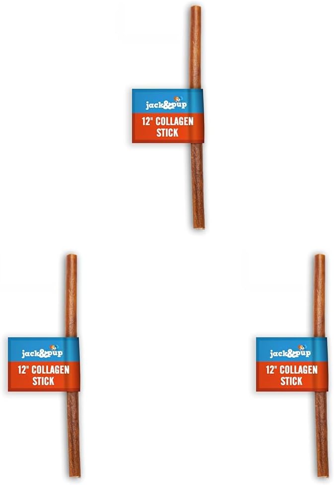 Jack&Pup 12" Beef Collagen Sticks | Rawhide Free, Long Lasting Dog Chews | Healthy Single Ingredient Treats for Medium Dogs | Bully Stick Alternative (3 Pack)