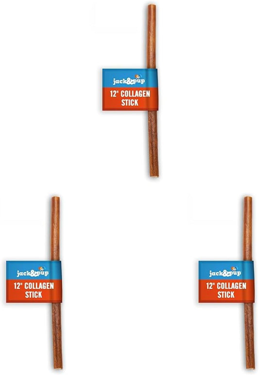 Jack&Pup 12" Beef Collagen Sticks | Rawhide Free, Long Lasting Dog Chews | Healthy Single Ingredient Treats for Medium Dogs | Bully Stick Alternative (3 Pack)