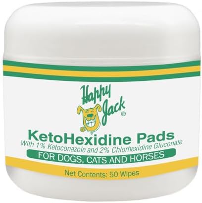 HAPPY JACK KetoHexidine Pet Wipes, Chlorhexidine Pads for Dogs & Cats with Ketoconazole, Cat Wipes for Acne, Wrinkles, Paws, Itchy Skin, 50 Ct