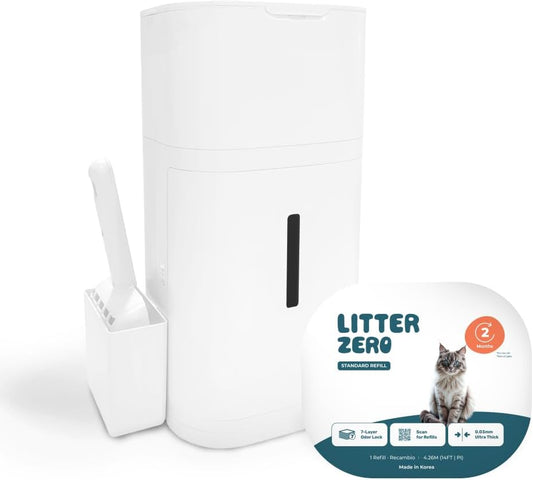 Litter Zero Premium Cat Litter Disposal System, White, Smart Waste Management Bin with Standard Refill, 7-Layer Odor Lock Technology, Made in Korea (1)