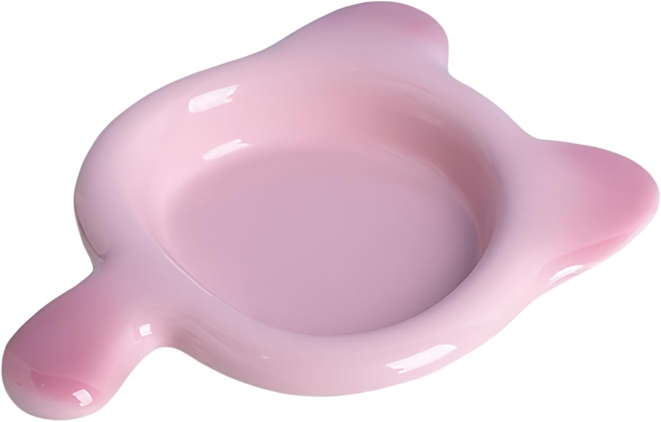 Pink Gradient Ceramic Cat Dish with Handle, 7.68-Inch Length,6.69-Inch Wide and 1.18-Inch Tall Saucer with 7.07-Ounce Capacity Cute Ears Shaped Pet Bowl for Cats and Small Dogs(Pink)