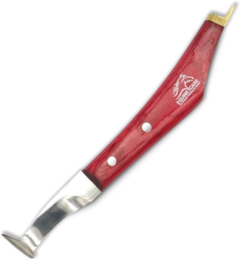 Equine Care Hoof Knife - J2 Japanese Steel Blade with Hoof Pick, Brass Topper Sheet Handle - Farrier Tool for Horse & Cow Hoof Care, Shoeing, Trimming, and Supplies. (Left-Handed)