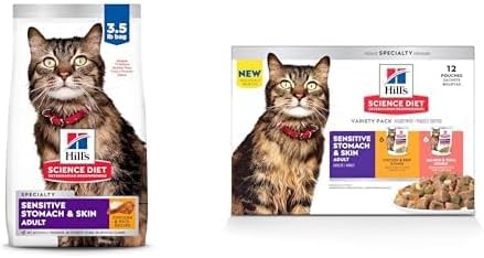 Hill's Science Diet Adult 1-6 Sensitive Stomach&Skin Dry Cat Food,Chicken Recipe,3.5 lb. Bag Adult 1-6 Sensitive Stomach, Chicken&Beef;Salmon&Tuna Stew,2.8 oz.Pouches,12-Pack