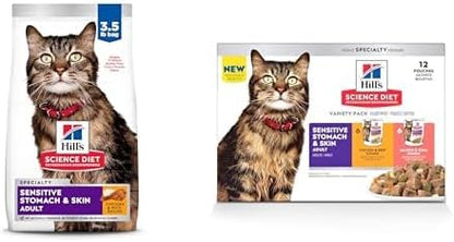 Hill's Science Diet Adult 1-6 Sensitive Stomach&Skin Dry Cat Food,Chicken Recipe,3.5 lb. Bag Adult 1-6 Sensitive Stomach, Chicken&Beef;Salmon&Tuna Stew,2.8 oz.Pouches,12-Pack
