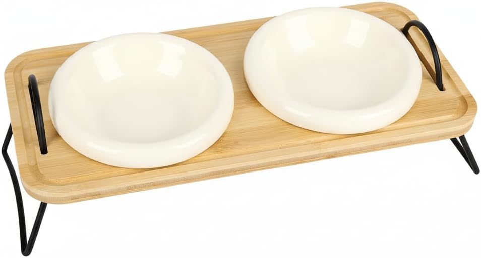 Raised Cat Ceramic Bowls with Wood Stand Kitty Elevated Bowls for Food and Water with Tilted Design Anti-Vomiting, Pet Bowl Set with Stainless Steel Base for Cats and Puppy by TDTOK