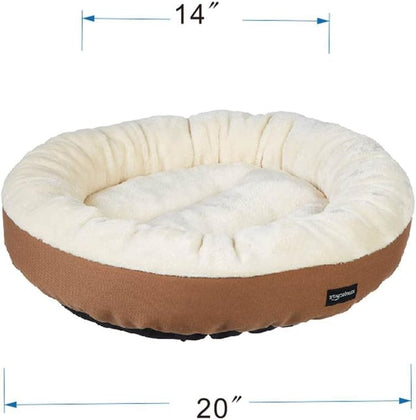 Amazon Basics Round Bolster Pet Bed for Dog or Cat with Flannel Top, 20.0" L x 20.0" W x 8.0" Th, Brown and Ivory