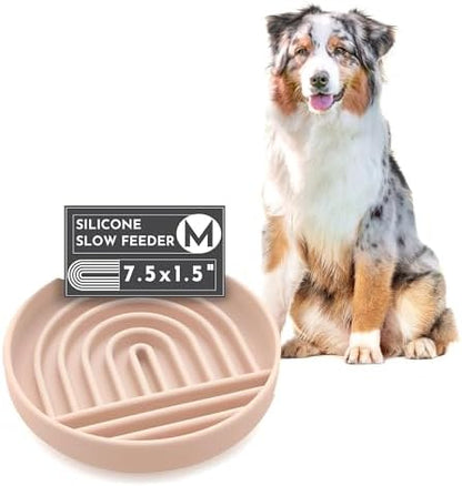 Should We Go? - The Slowdown Bowl Silicone Slow Feeder for Dogs & Puppies, Slow Eating, Modern Lick Mat Design, Reduces Gulping, Fits 2 Cups 7.5” Across x 1.5” Tall, Mealtime Challenge, Medium-Sand