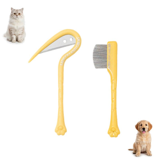Pet Grooming Set, Yellow, Tear Stain Removal Comb with Knife Tool, Rounded Tips for Dogs and Cats, Daily Use,2pack