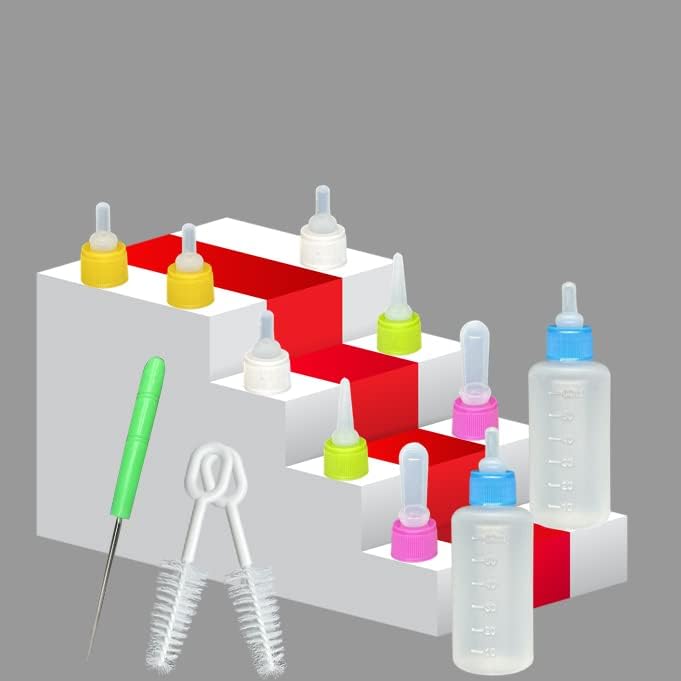 2 Sets of 5-Color Plastic and Silicone Feeding pet Supplies Set, Squeeze Liquid Bottles, Replaceable teats mini for Newborn Kittens, Puppies, Rabbits, Replacement Small Animals cat Bottle Tools