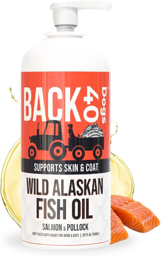BACK 40 Dogs Wild Alaskan Fish Oil for Dogs, Skin and Coat Supplement for Dogs & Cats, Omega-3-Rich Salmon and Pollock Oil, EPA & DHA Dog Salmon Oil for Brain, Heart, and Joints 32 fl oz