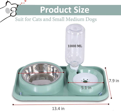 Dog Bowls, Non-Slip Puppy Cat Food and Water Bowl Set with Water Dispenser and Stainless Steel Bowl Detachable Gravity Pet Feeder and Waterer Set for Dogs (Green, 1000ML)
