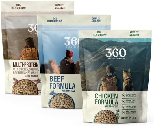 360 Pet Nutrition Freeze-Dried Raw Dog Food- Multi-Protein, Chicken, Beef Formula's Pack of 3 lbs Total (1 lb Each)