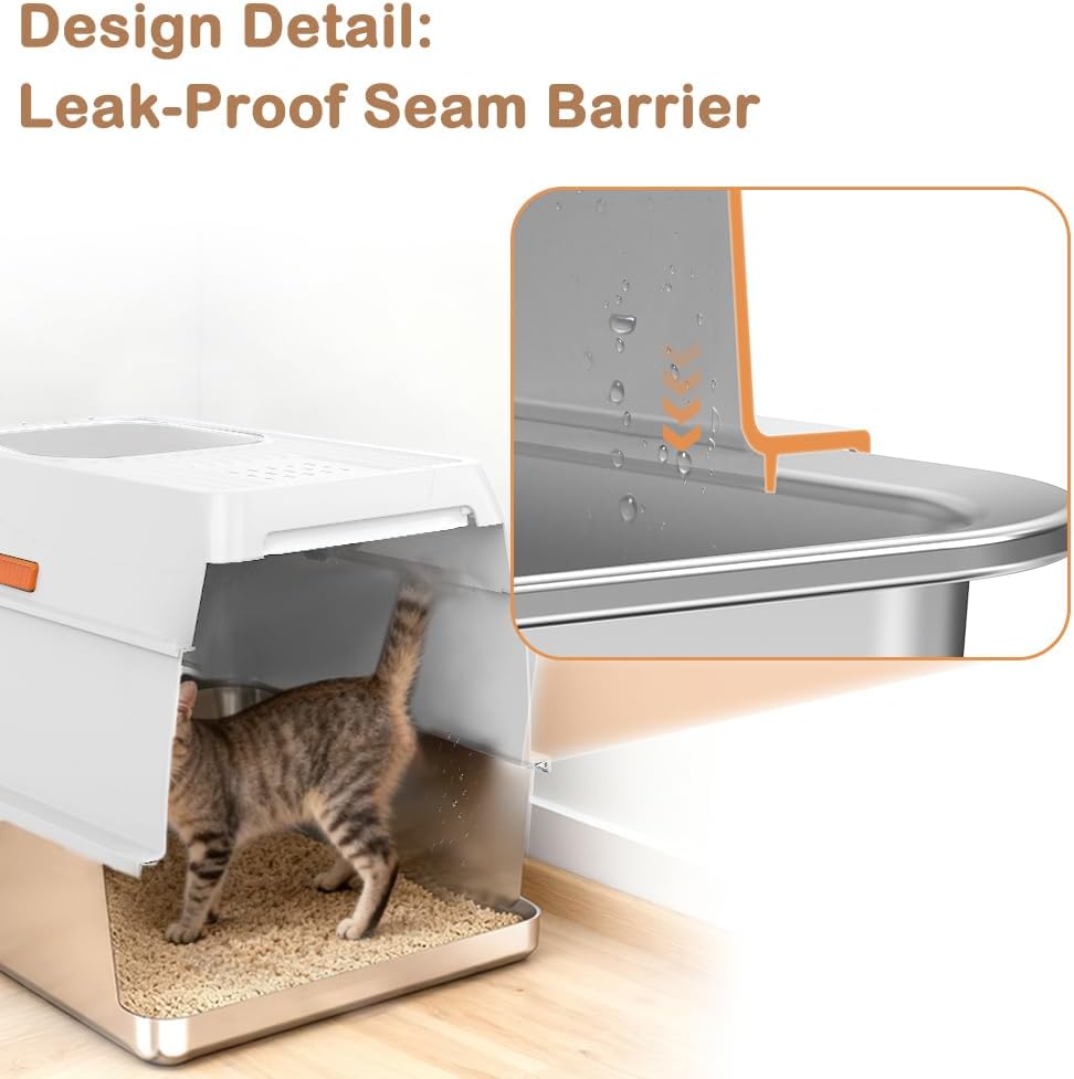 SZEE XL Stainless Steel Litter Box, Top Exit Design, Non Stick, No Smell, Easy Cleaning, Activated Charcoal Odor Control Design, Half/Fully Enclosed Design, Footboard, Trapping Mat & Scoop Included