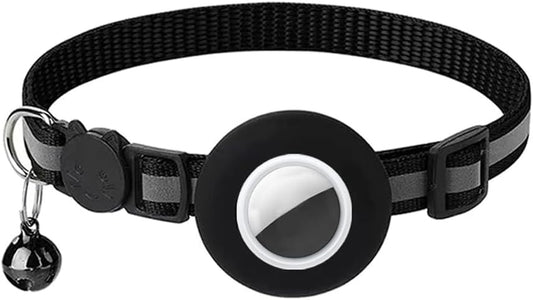Breakaway AirTag Cat Collar with Reflective Strip, Compatible with AirTag – Lightweight and Adjustable Kitten Collar for Boy and Girl Kittens, Includes Safety Release Buckle and Bell (Black)