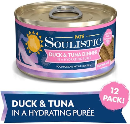 Soulistic Pate Duck & Tuna Dinner in a Hydrating Puree Wet Cat Food, 2.8 oz., Case of 12