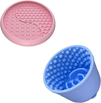 Slow Feeder Bowl Bundle: Pink Frozen Lick Mat (8.0" x 1.4") + Light Blue Starry Sky Feeder (5.3" x 3.7"), Freeze-Friendly Lick Bowl with Suction Cups for Enrichment and Anxiety Relief