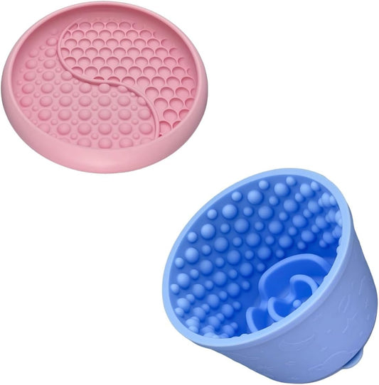 Slow Feeder Bowl Bundle: Pink Frozen Lick Mat (8.0" x 1.4") + Light Blue Starry Sky Feeder (5.3" x 3.7"), Freeze-Friendly Lick Bowl with Suction Cups for Enrichment and Anxiety Relief