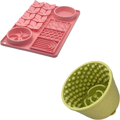 Slow Feeder Bowl Bundle: Pink 4in1 Licking mat (15.75" x 10.5" x 1.2") + Green Starry Sky Feeder (5.3" x 3.7"), Silicone Lick mat with Suction Cups for Slow Eating and Keep Busy