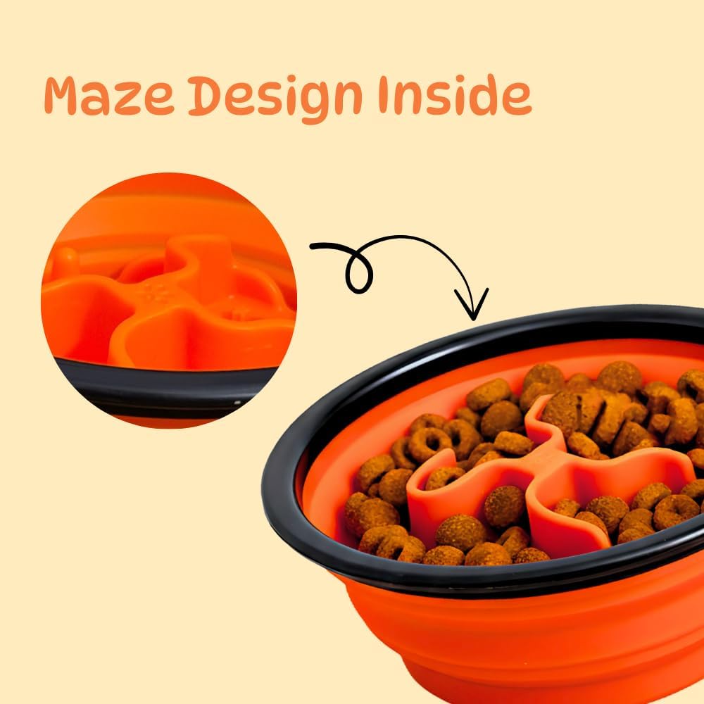 Collapsible Cat Bowl, Maze Design Pet Puzzle Feeder, 650ml Dog Slow Feeding Bowls, Dog Slow Feeding Bowl with Carabiner Portable BPA-Free Silicone Pet Bowls for Hiking, Travel, Camping - Color Orange