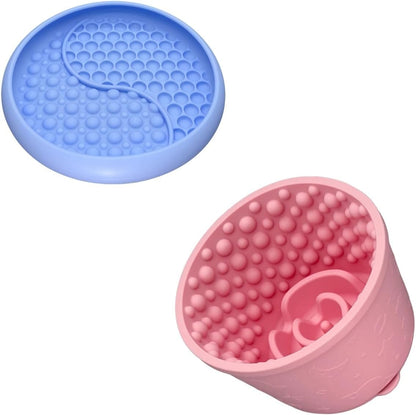 Slow Feeder Bowl Bundle: Light Blue Frozen Lick Mat (8.0" x 1.4") + Pink Starry Sky Feeder (5.3" x 3.7"), Freeze-Friendly Lick Bowl with Suction Cups for Enrichment and Anxiety Relief