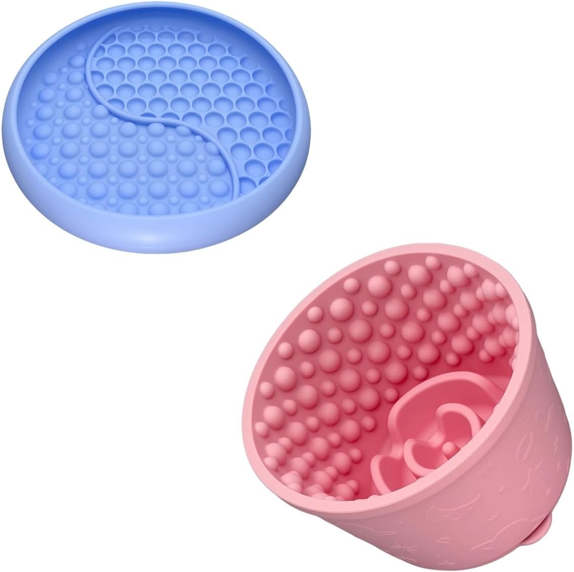 Slow Feeder Bowl Bundle: Light Blue Frozen Lick Mat (8.0" x 1.4") + Pink Starry Sky Feeder (5.3" x 3.7"), Freeze-Friendly Lick Bowl with Suction Cups for Enrichment and Anxiety Relief