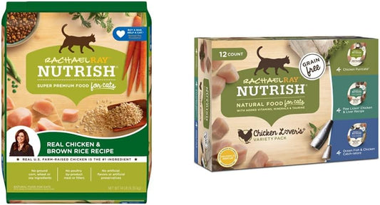 Rachael Ray Nutrish Chicken & Brown Rice 14 Pounds Dry Cat Food + Chicken Lovers Variety Pack 2.8 Ounce (Pack of 12) Wet Cat Food Bundle