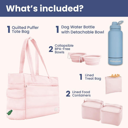 rubyloo Dog Mom Essentials Bundle - Puffer Tote with Storage Containers (Pink) and 32 oz Water Bottle with Detachable Bowl (Solid Dusty Blue) - Travel Bag and Hydration Set