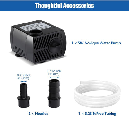 105 GPH Submersible Water Pump with 4.76ft Power Cord and 2 Nozzles 5W Ultra Quiet Mini Fountain Pump with 2.8ft High Lift Aquarium Water Pump for Fish Tank Pond Fountain Hydroponics