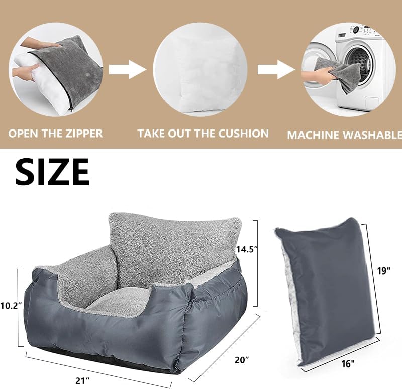 Dog Car Seat for Small Dogs, Fully Detachable and Washable Cat Carseats Under 25 lbs, Soft Pet Booster Seats with Storage Pockets and Clip-On Leash Portable Car Travel Carrier Bed (Grey, Large)