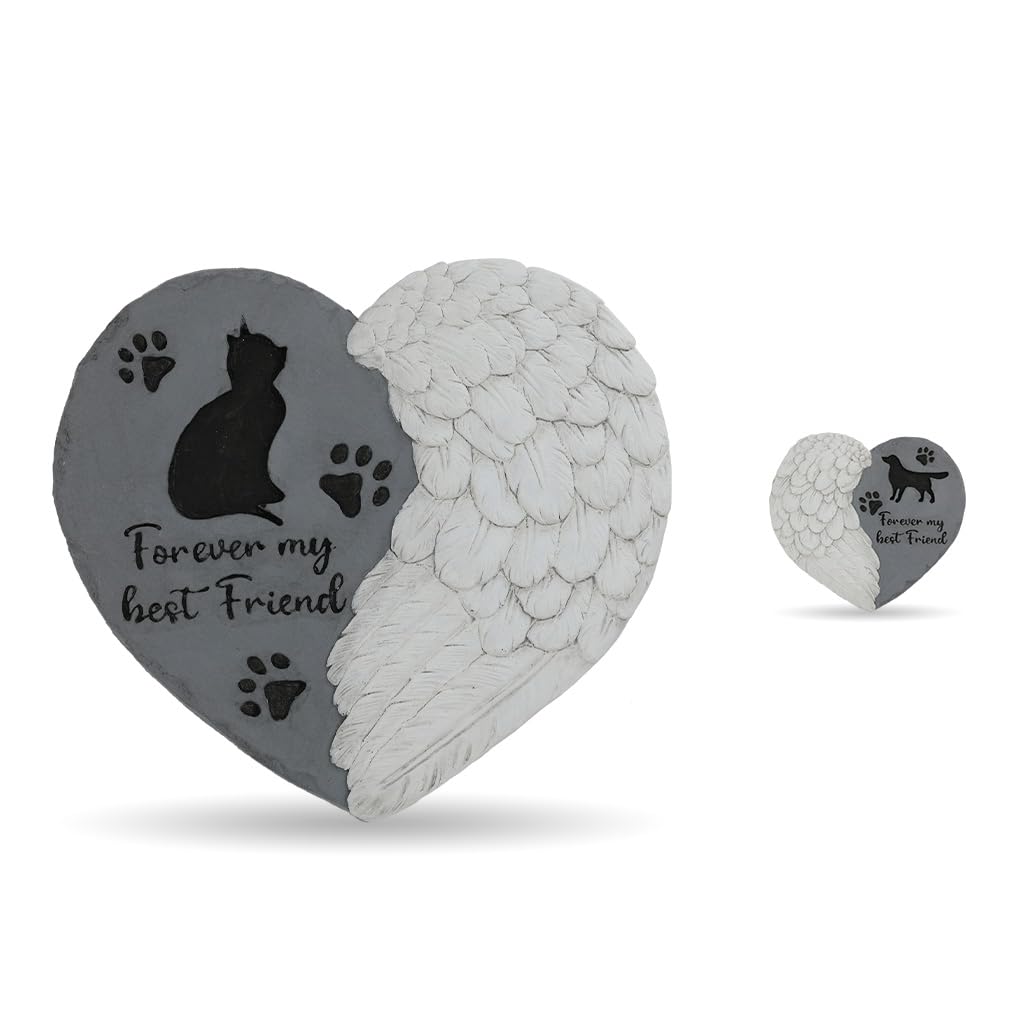Cat Memorial Stone 10” Heart with Wings Outdoor Pet Grave Marker Cement Garden Remembrance Stone Sympathy Gift for Loss of Cat Angel Paw Design