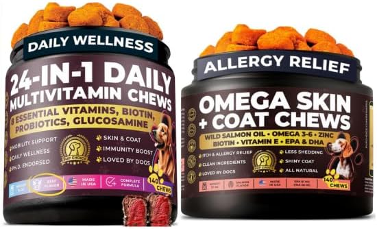 Dog Multivitamin Beef + Omega‑3/6 Skin & Coat Bundle — Chewable Daily Vitamins with Salmon Oil, Biotin & Zinc — Supports Skin, Coat, Immune, Joint & Digestive Health — 280 Chews (140+140 Chews)