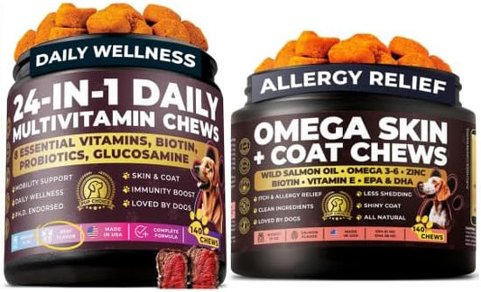 Dog Multivitamin Beef + Omega‑3/6 Skin & Coat Bundle — Chewable Daily Vitamins with Salmon Oil, Biotin & Zinc — Supports Skin, Coat, Immune, Joint & Digestive Health — 280 Chews (140+140 Chews)