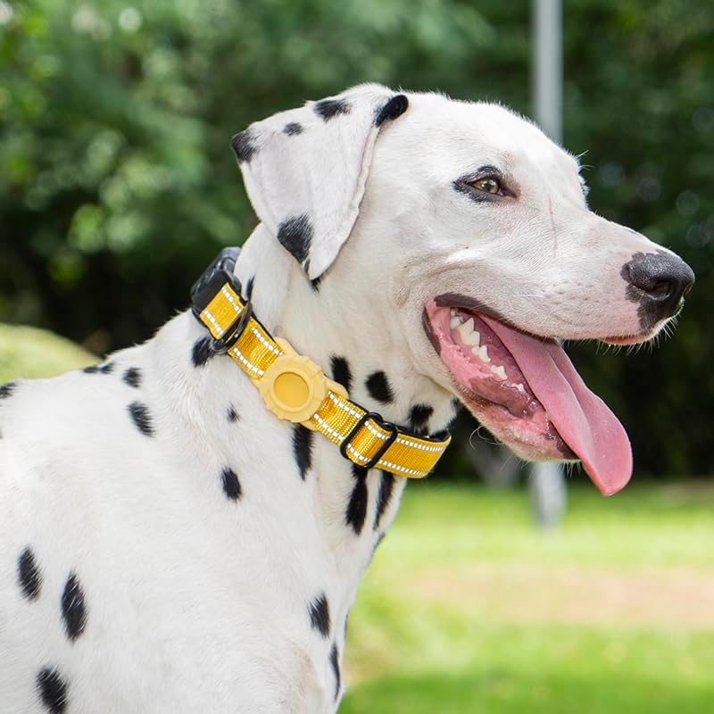 JSXD AirTag Dog Collar, Night Reflective Nylon Dog Collar for Small Medium Large Dogs,Lockable Quick Release Buckle,Padded Breathable Pet Collar with AirTag Holder (Yellow, Large)