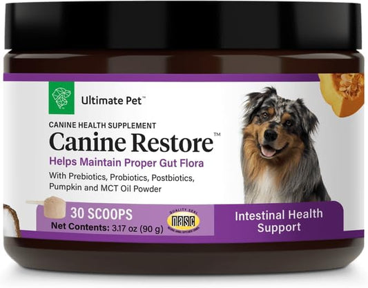 Ultimate Pet Nutrition Canine Restore, Gut Health Supplement with Prebiotics, Probiotics, & Postbiotics for Digestive Health & Immunity Support, Vet Formulated Powder Food Topper