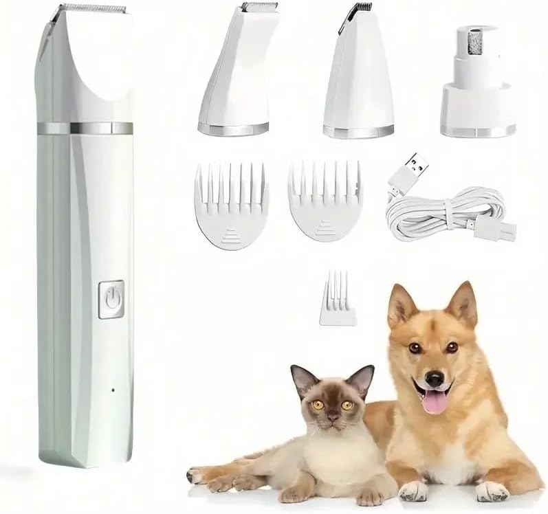 Dog Clippers Grooming Kit Hair Clipper-Low Noise Paw Trimmer- Rechargeable - Cordless Electric Quiet Nail Grinder Shaver for Cats and Other Pets (White)