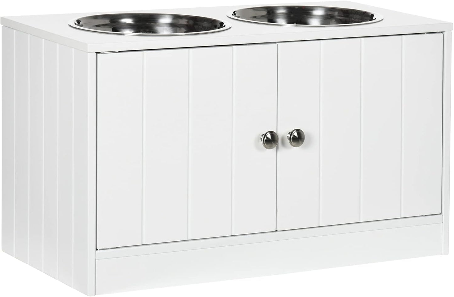 LUMILAND Pet Feeding with Storage Cabinet, Large Dog Bowl Stand, 44L Capacity, Easy Clean Stainless Steel Bowls, White