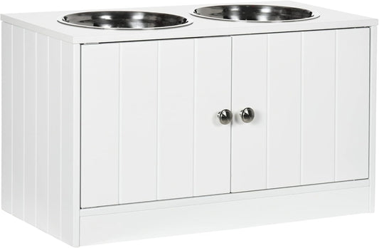 LUMILAND Pet Feeding with Storage Cabinet, Large Dog Bowl Stand, 44L Capacity, Easy Clean Stainless Steel Bowls, White