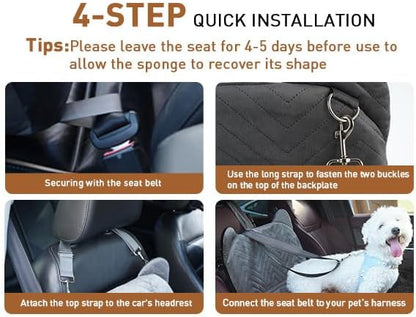 Dog Car Seat Booster with Waterproof Cover, Memory Foam, Small/Medium Dog Bed for Car Back Seat for Travel, 2 Safety Belt